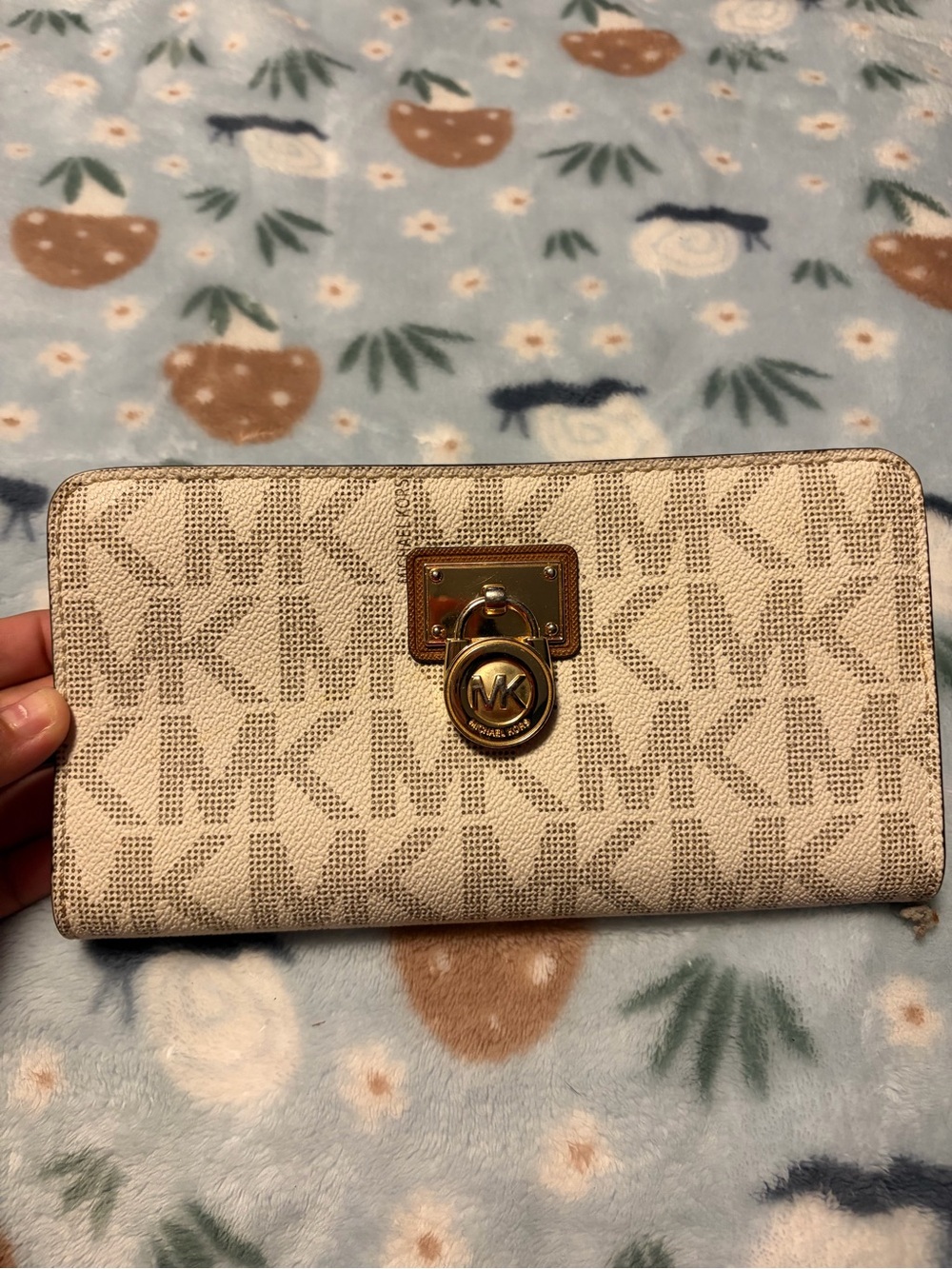 Michael Kors Beige Logo Continental Wallet with Gold MK Charm